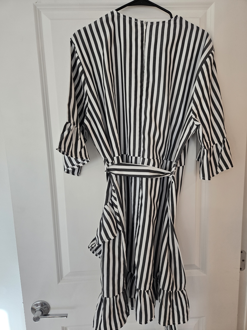 Boohoo Black & White Vertical Stripe Ruffle Mini Dress - Picture 3 of 3